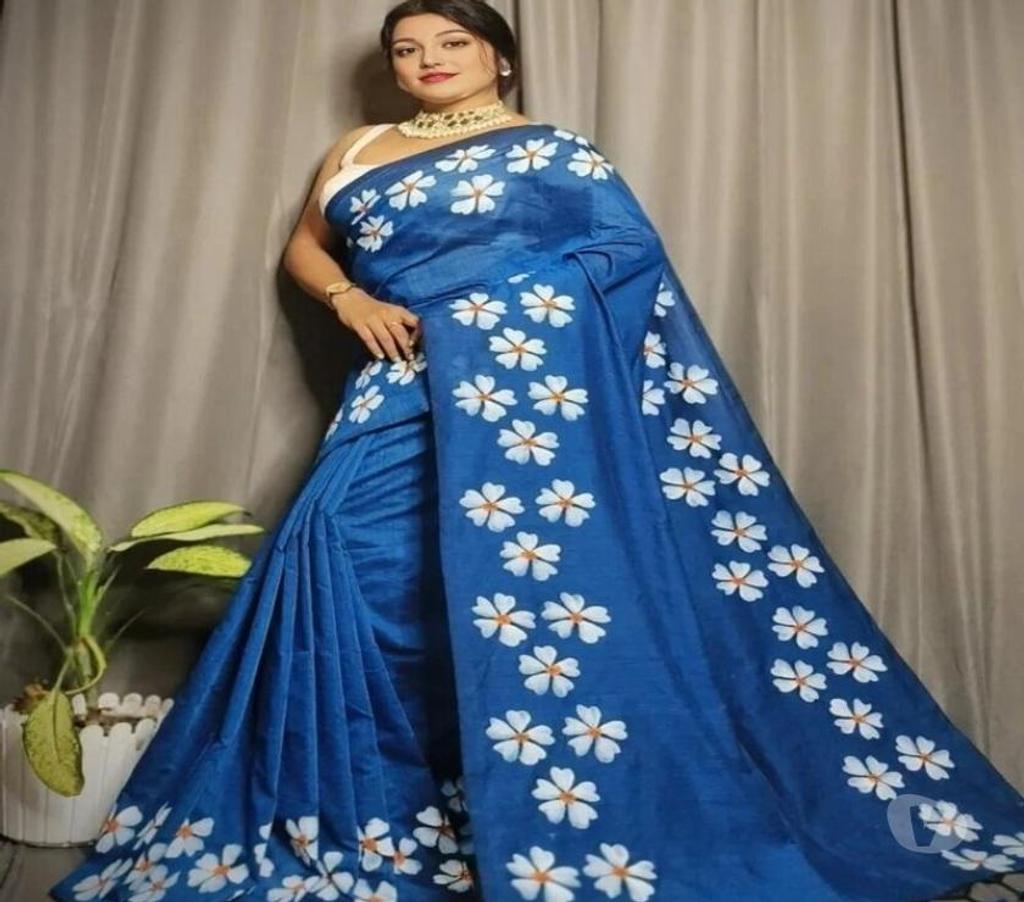 Buy & Sell Clothes Kolkata - Photos for Blue Handmade Cotton Saree with Shiuli Print