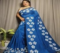 Blue Handmade Cotton Saree with Shiuli Print