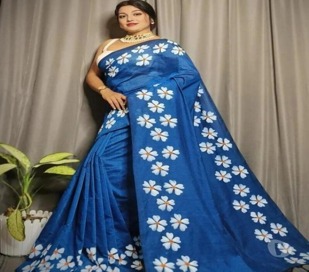 Buy & Sell Clothes Kolkata - Photos for Blue Handmade Cotton Saree with Shiuli Print