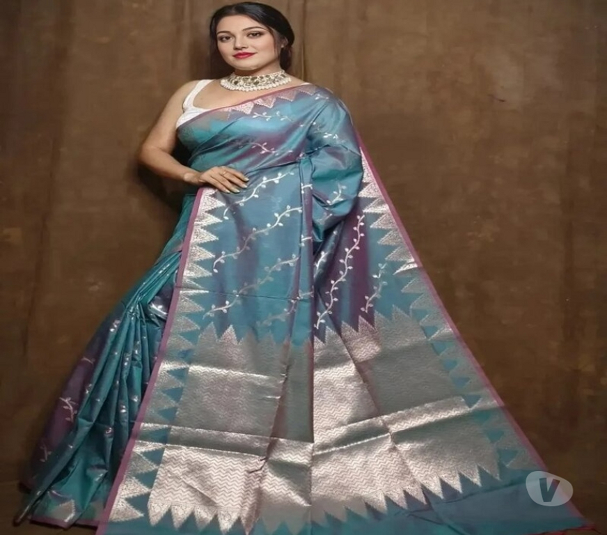 Buy & Sell Clothes Kolkata - Photos for Graceful Cyan Muga Katan Cotton Saree