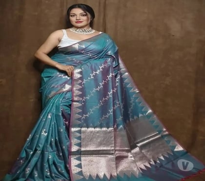 Clothes & Accessories - Photos for Graceful Cyan Muga Katan Cotton Saree