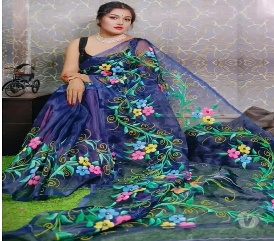 Buy & Sell Clothes Kolkata - Photos for Handprinted Dark Blue Organza Saree