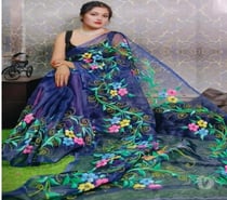 Handprinted Dark Blue Organza Saree