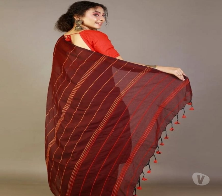 Buy & Sell Clothes Kolkata - Photos for Dark-Maroon Khesh Cotton Saree