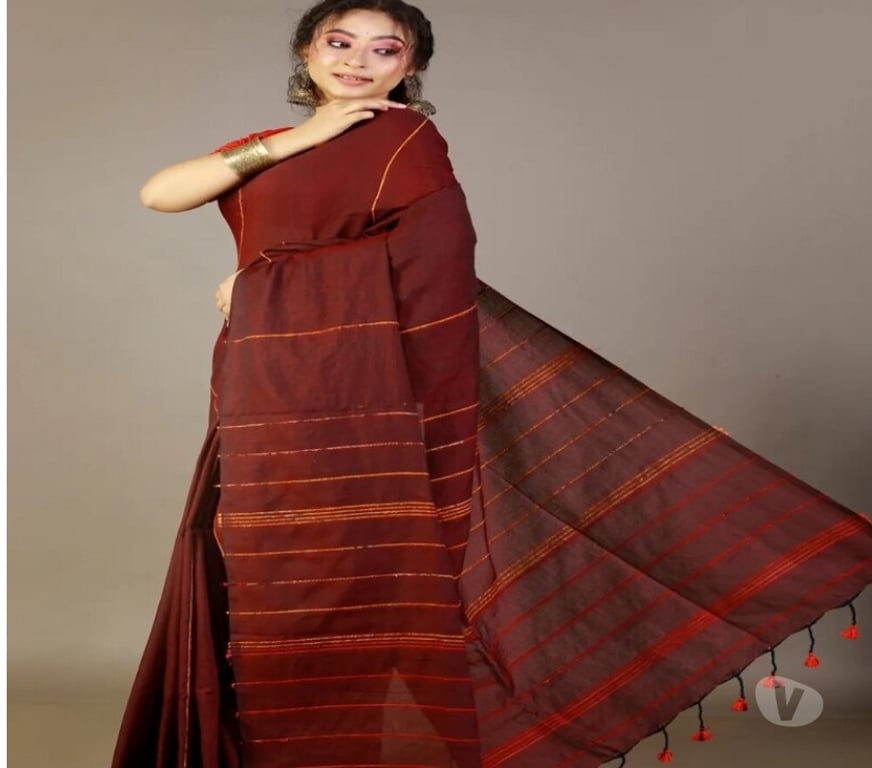 Buy & Sell Clothes Kolkata - Photos for Dark-Maroon Khesh Cotton Saree