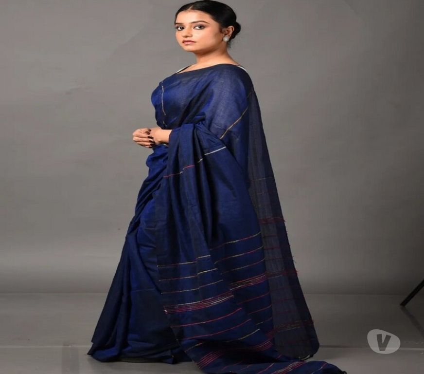 Buy & Sell Clothes Kolkata - Photos for Dark-Blue Handmade Cotton Saree
