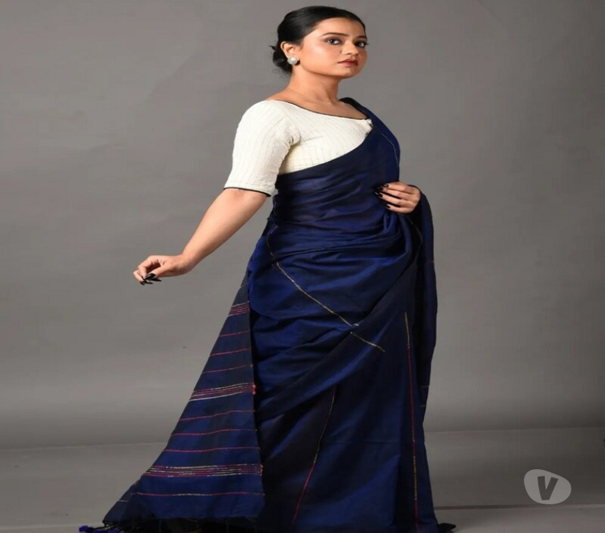 Buy & Sell Clothes Kolkata - Photos for Dark-Blue Handmade Cotton Saree
