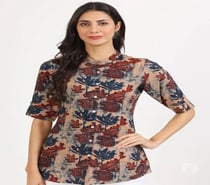 Stylish Beige Hand Blocked Printed Short Kurta