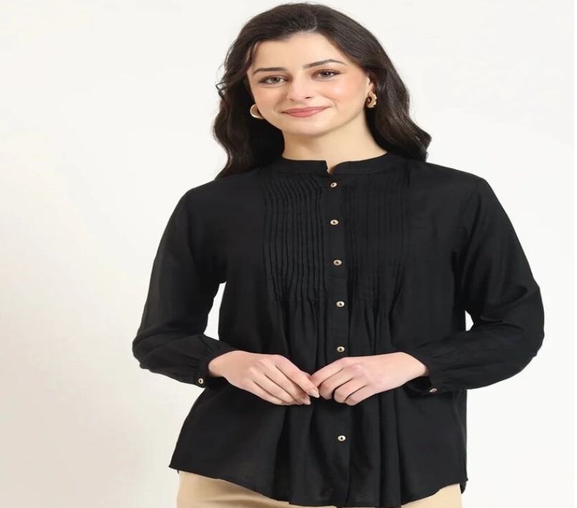 Black Solid Pleated Jaipuri Short Kurta