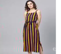 Striped A-line Dress with Waist Tie-Up