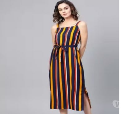 Clothes & Accessories - Photos for Striped A-line Dress with Waist Tie-Up
