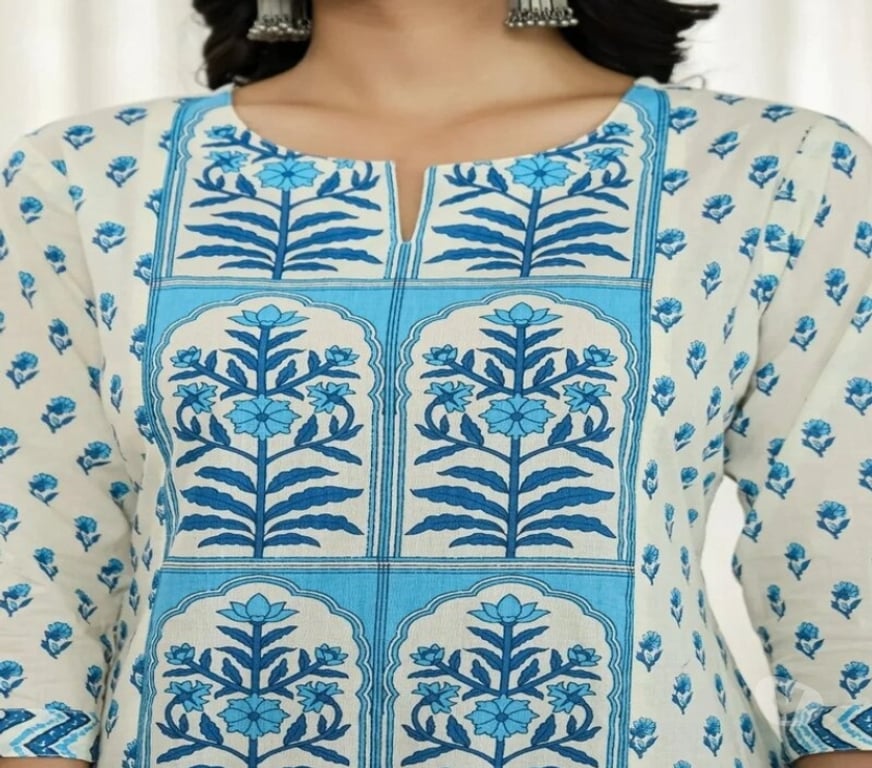 Buy & Sell Clothes Kolkata - Photos for Elegant Blue and White Floral Printed Jaipuri Kurta Set