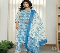 Elegant Blue and White Floral Printed Jaipuri Kurta Set