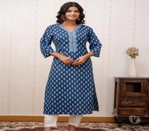 Elegant Blue Floral Printed Straight Kurta