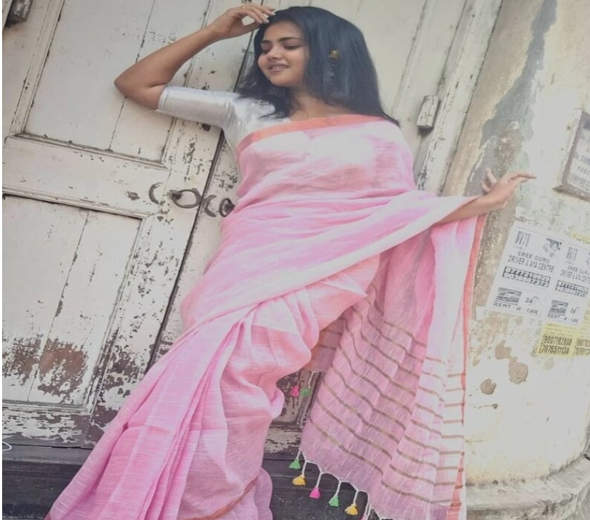 Clothes & Accessories - Photos for Classic Pink Handloom Linen Saree