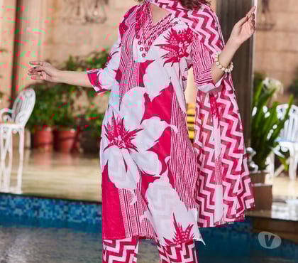 Clothes for sale - Photos for Bright Pink Handblock striped and floral motifs with Dupatta