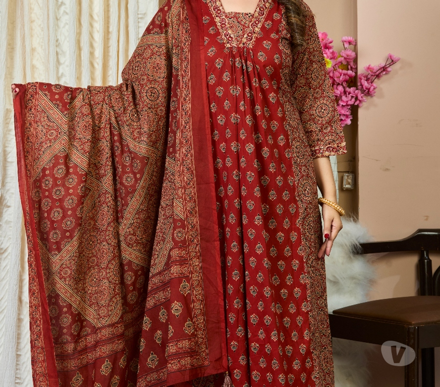 Buy & Sell Clothes Kannur - Photos for Rich Rust Red Hand Block Floral Print A-Line Kurta