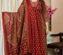 Rich Rust Red Hand Block Floral Print A-Line Kurta
