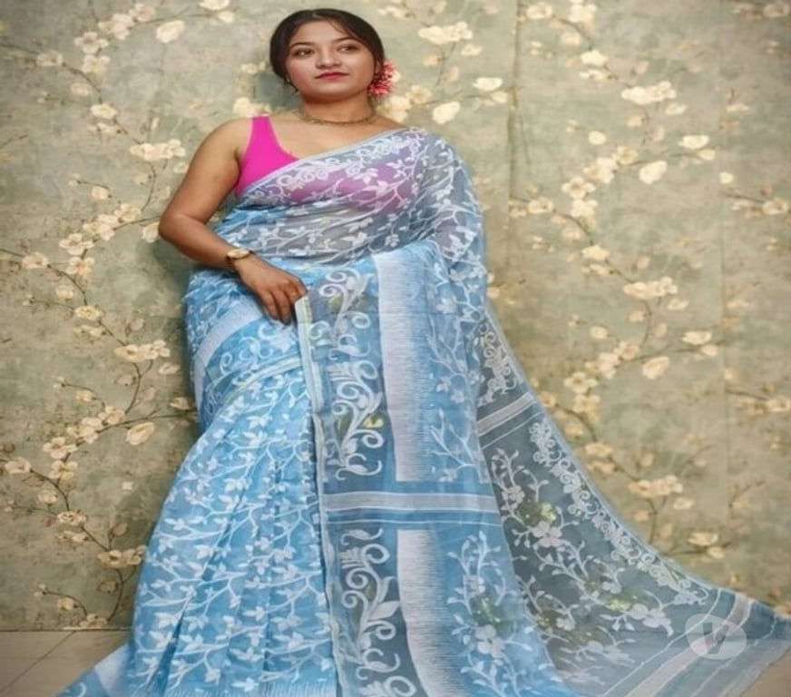 Buy & Sell Clothes Kolkata - Photos for Sky-Blue Soft Jamdani Saree