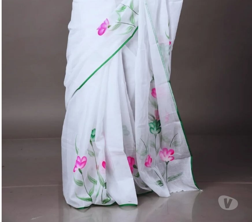 Buy & Sell Clothes Kolkata - Photos for White Mulmul Cotton Saree with Floral Print for Durga Puja