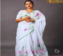 White Mulmul Cotton Saree with Floral Print for Durga Puja