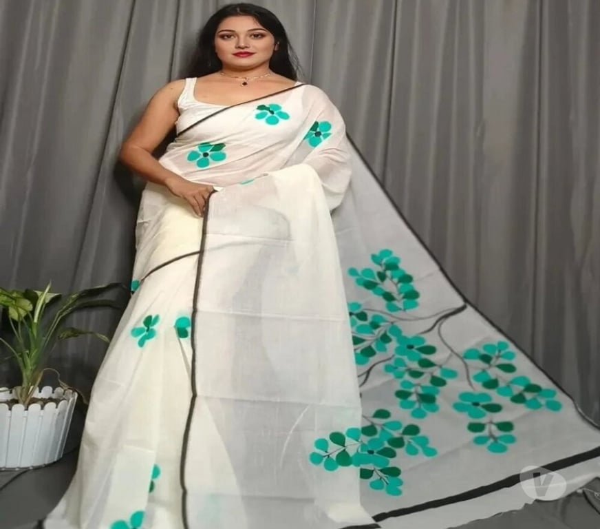 Buy & Sell Clothes Kolkata - Photos for White Pure Mull Cotton Saree with Hand Printed Green Jaba