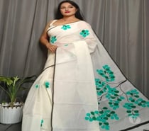 White Pure Mull Cotton Saree with Hand Printed Green Jaba