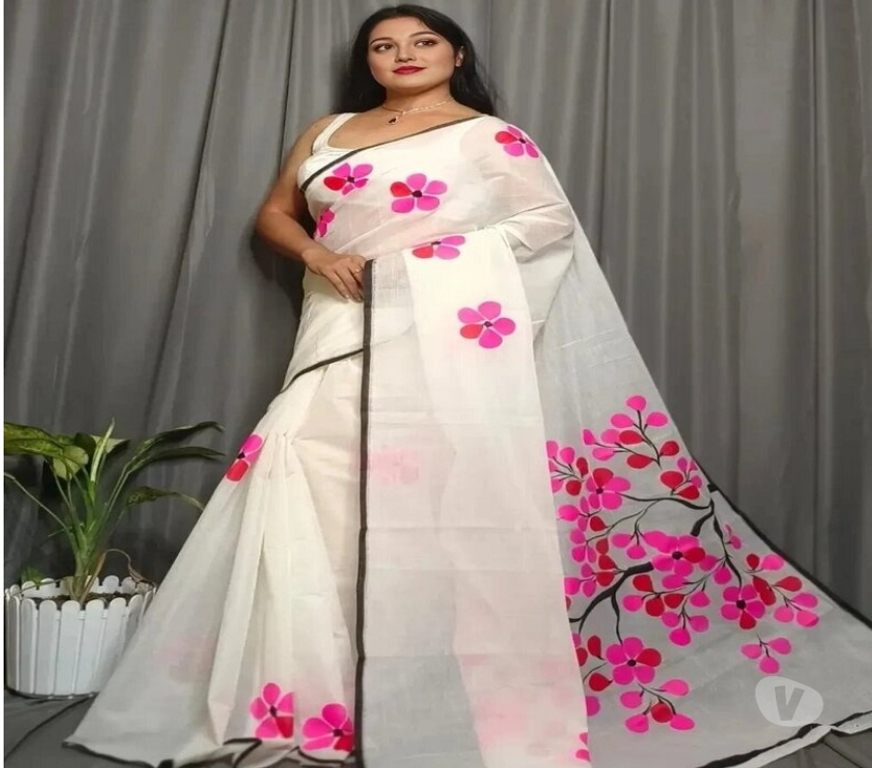 Buy & Sell Clothes Kolkata - Photos for White Pure Mull Cotton Saree with Hand Printed Pink Jaba