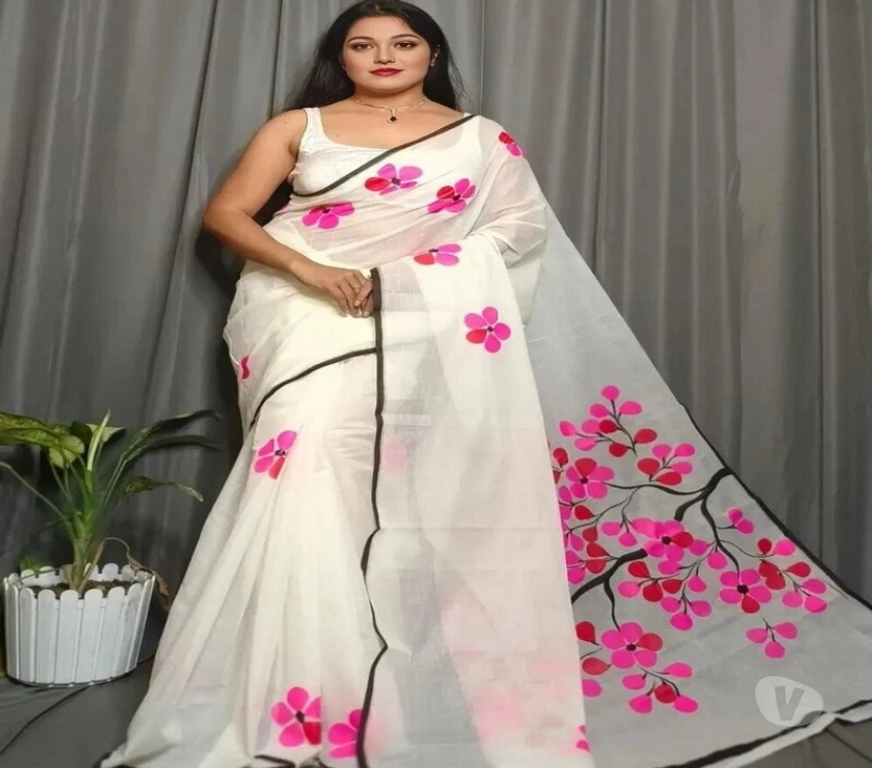 Buy & Sell Clothes Kolkata - Photos for White Pure Mull Cotton Saree with Hand Printed Pink Jaba