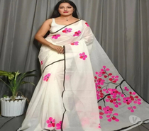 White Pure Mull Cotton Saree with Hand Printed Pink Jaba